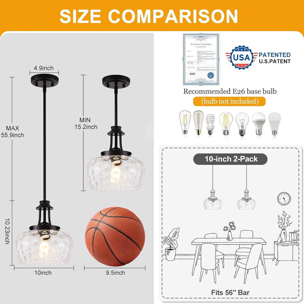 Modern Pendant Lights Kitchen Island, Matte Black Pendant Light Fixtures with 10" Clear Hammered Glass Shade