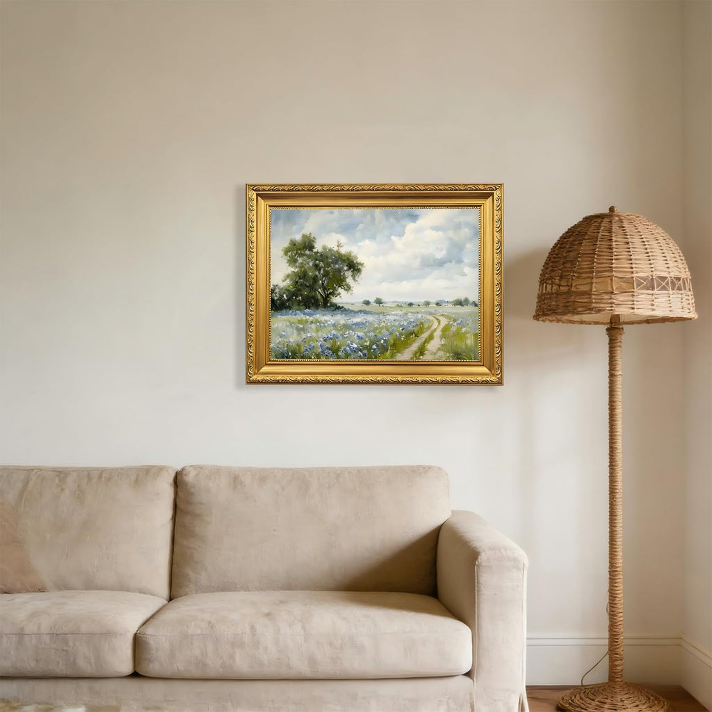 Gold Framed Canvas Wall Art Country Landscape Wildflower Field Wall Decor Paintings Rustic Nature Pictures Prints