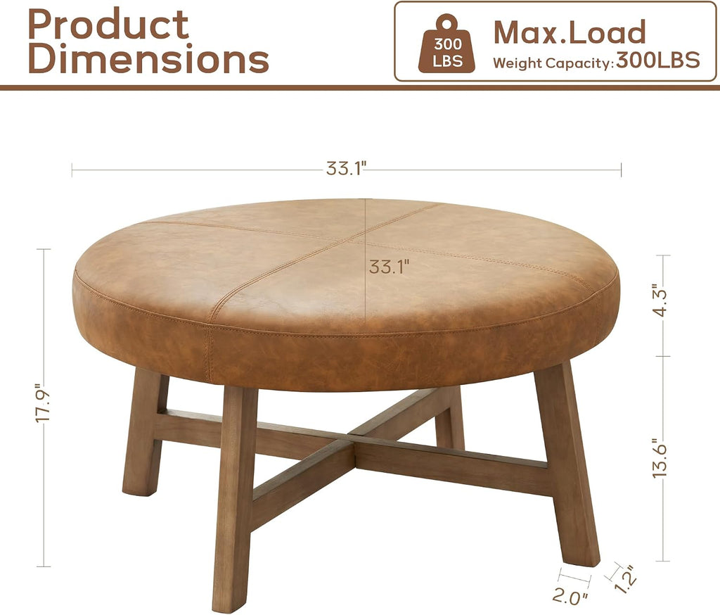 33 Inch Round Coffee Table, Leather Ottoman (Brown) | Upholstered Round Ottoman Easy to Assemble, Mid Century Modern