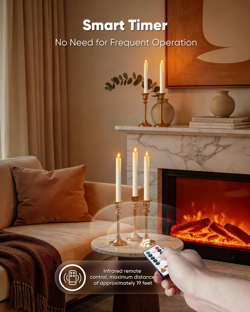 6 Pcs Wax Flameless Taper Candles with Remote Timer and Dimmer, White Candle Sticks Battery Operated, LED Window