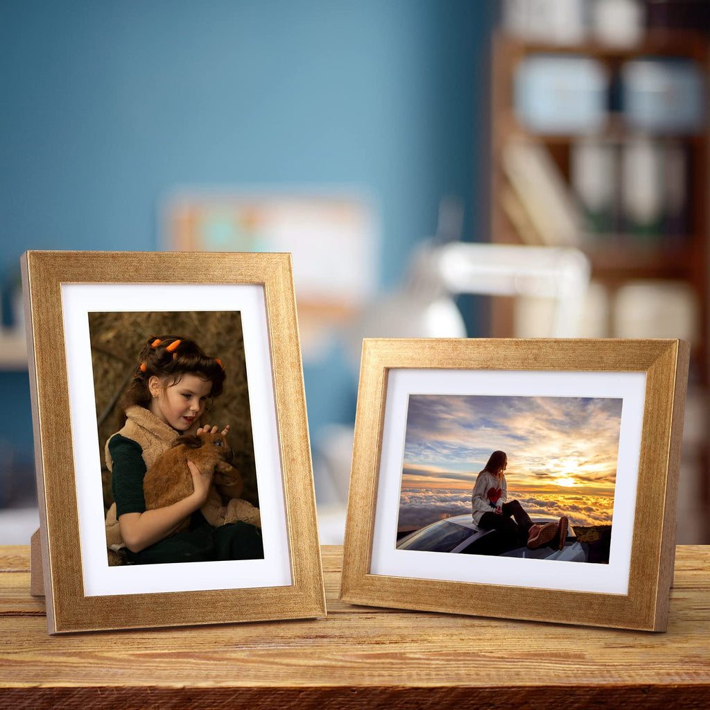4x6 Picture Frame Set of 4 Antique Gold, 5x7 Matted to 4 x 6 Photo with Mat or 5 x 7 Without Mat for Wall or Tabletop