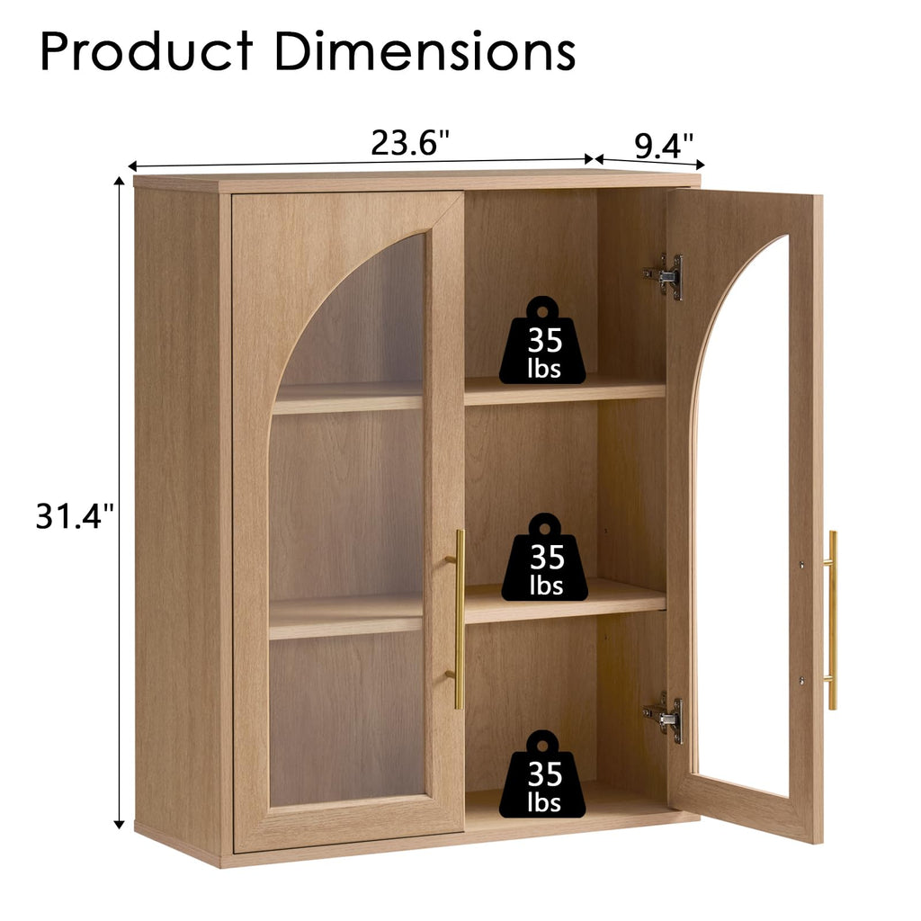 Bathroom Wall Cabinet, 23.5×31.4'' Storage Cabinet, Arched Cabinet Wall Mount with Adjustable Shelf & Glass Doors