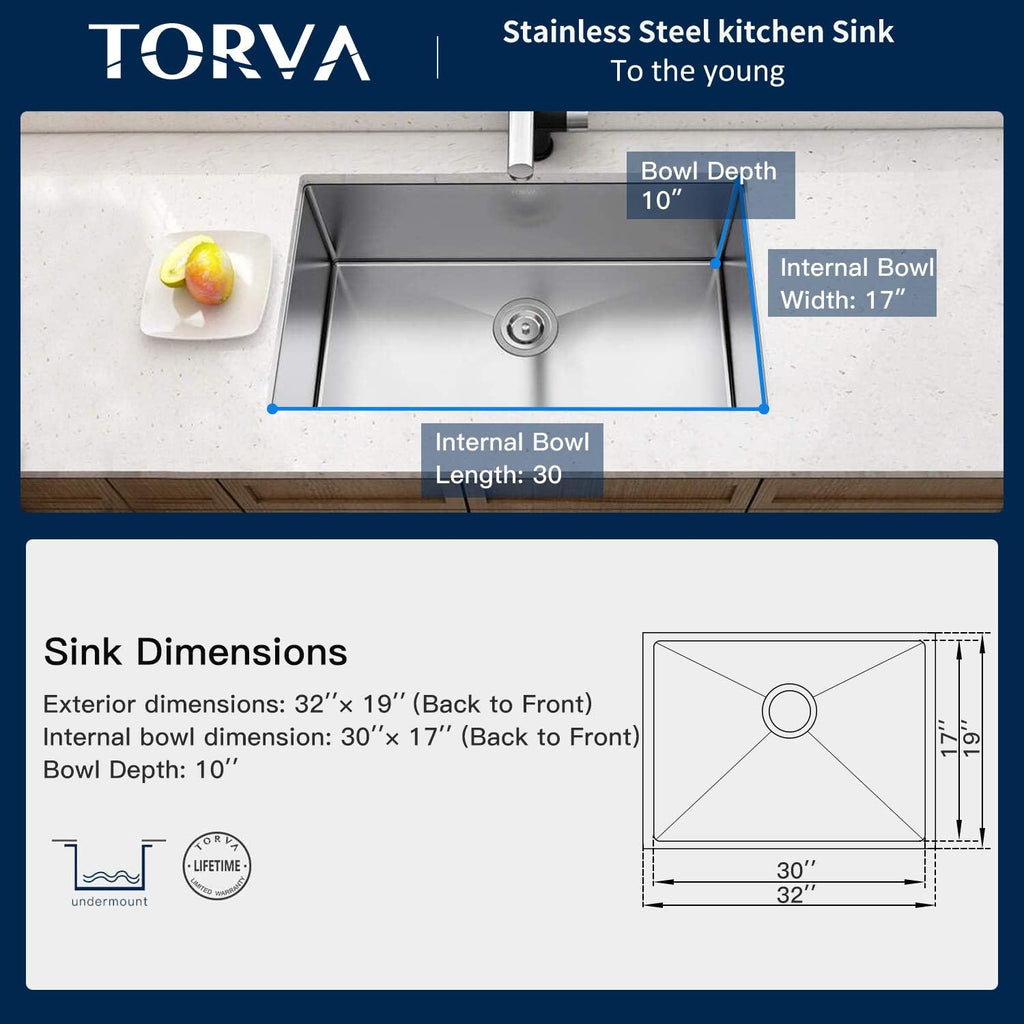 32-Inch Undermount Kitchen Sink, Premium 304 Stainless Steel Bar Sink - 10 Inches Deep Basin Single Bowl Sink