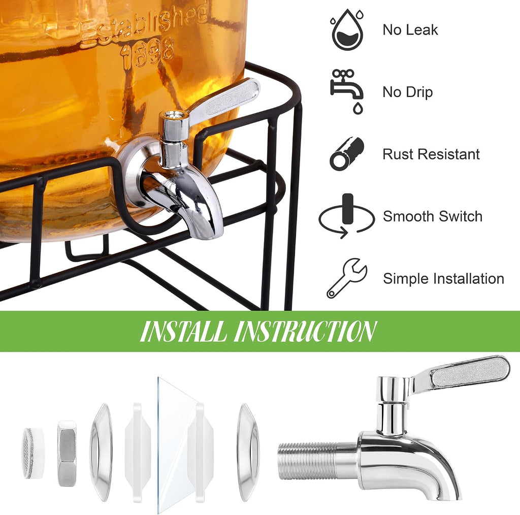 Gallon Glass Beverage Drink Dispenser with Stand Dual Beverage Dispensers with Ice Cylinder Steel Spigot - Set of 2