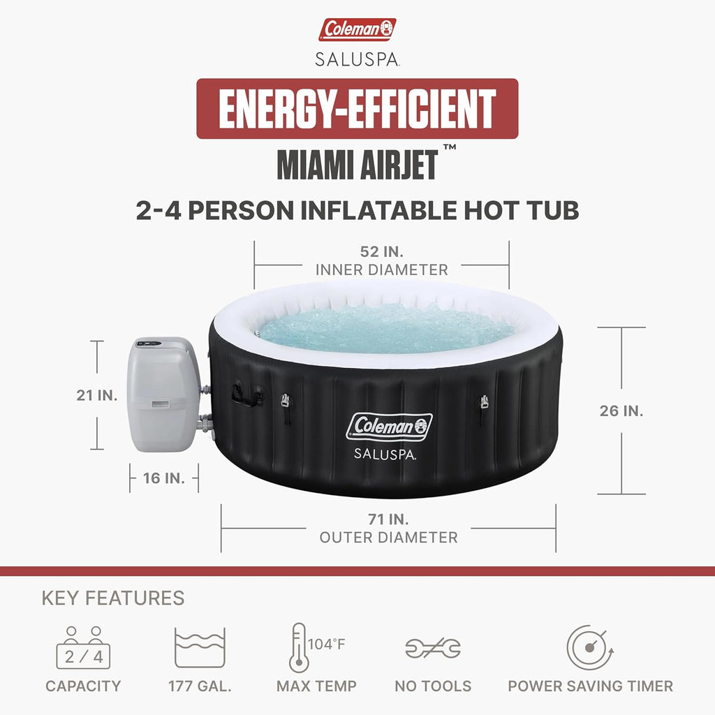 SaluSpa Miami Energy-Efficient AirJet 2-4 Person Inflatable Hot Tub | Smart Portable Outdoor Spa with Built-in
