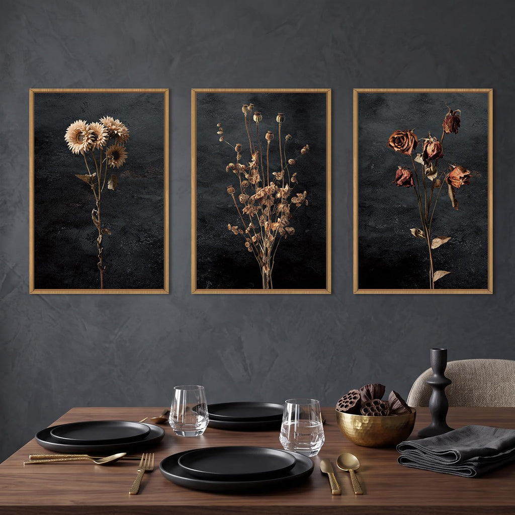 Large Moody Dark Floral Framed Canvas Wall Art Set- 24"x36"x3