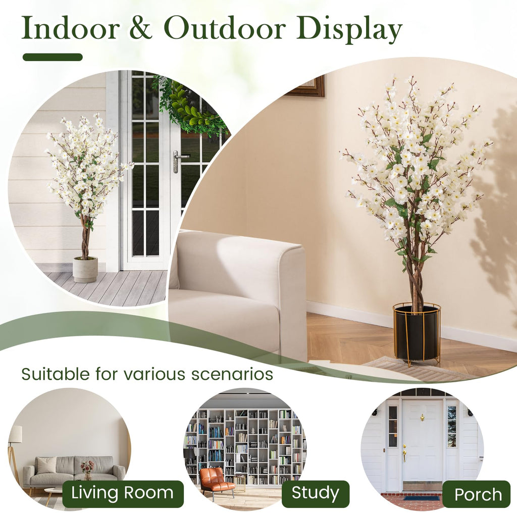 47" Artificial Wintersweet Tree, Faux Plum Blossom Plant with White Fabric Flower, Solid Wood Trunk, Fake Potted