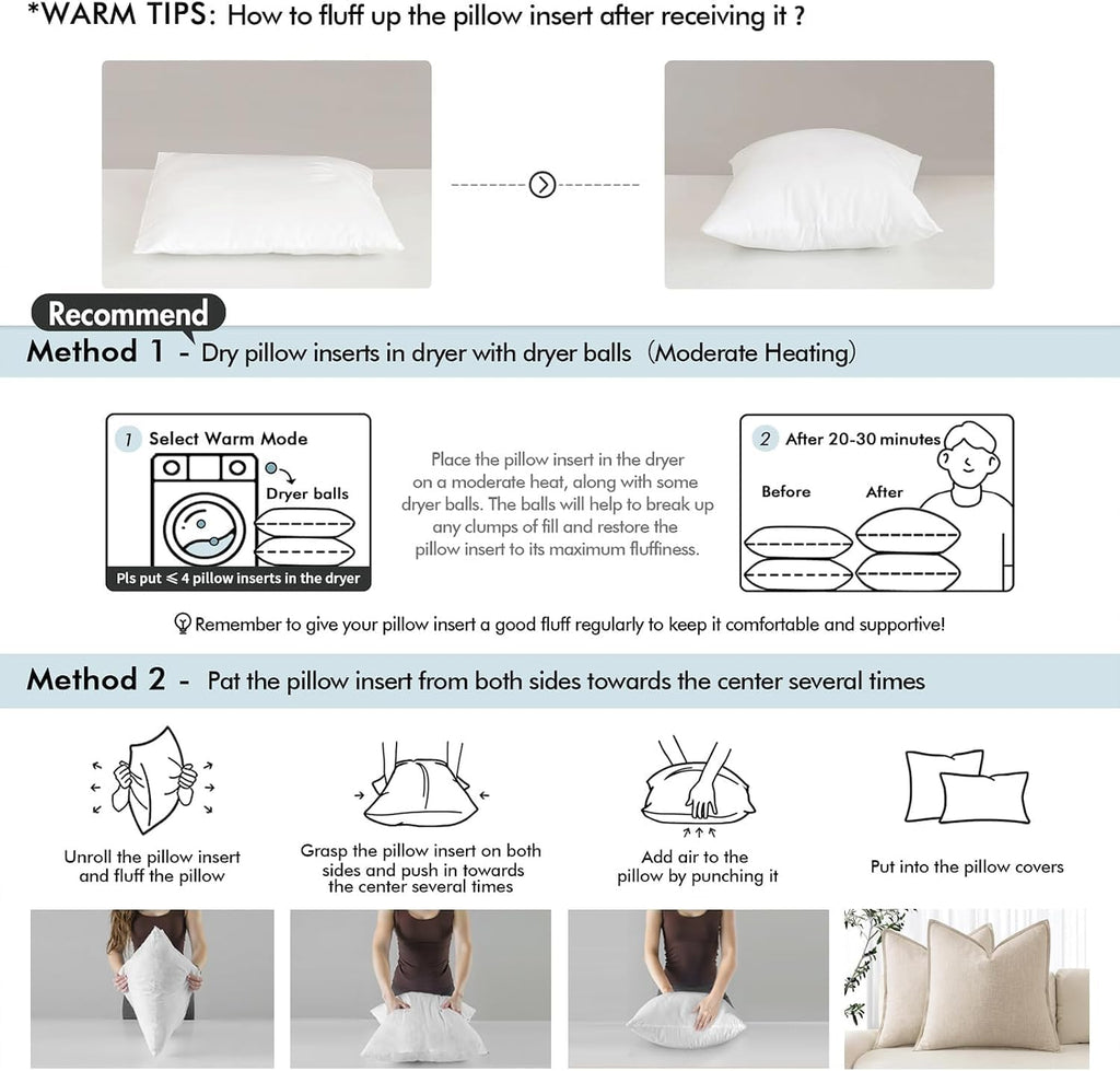 16x16 Pillow Inserts 2 Pack,Feather Mix Polycotton Pillows - Set of 2