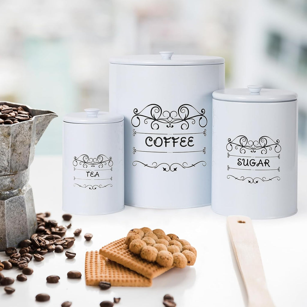 Kitchen Canisters, Vintage Coffee Tea Sugar Container Sets with Airtight Lids, Rustic Farmhouse Food Storage - Set of 3