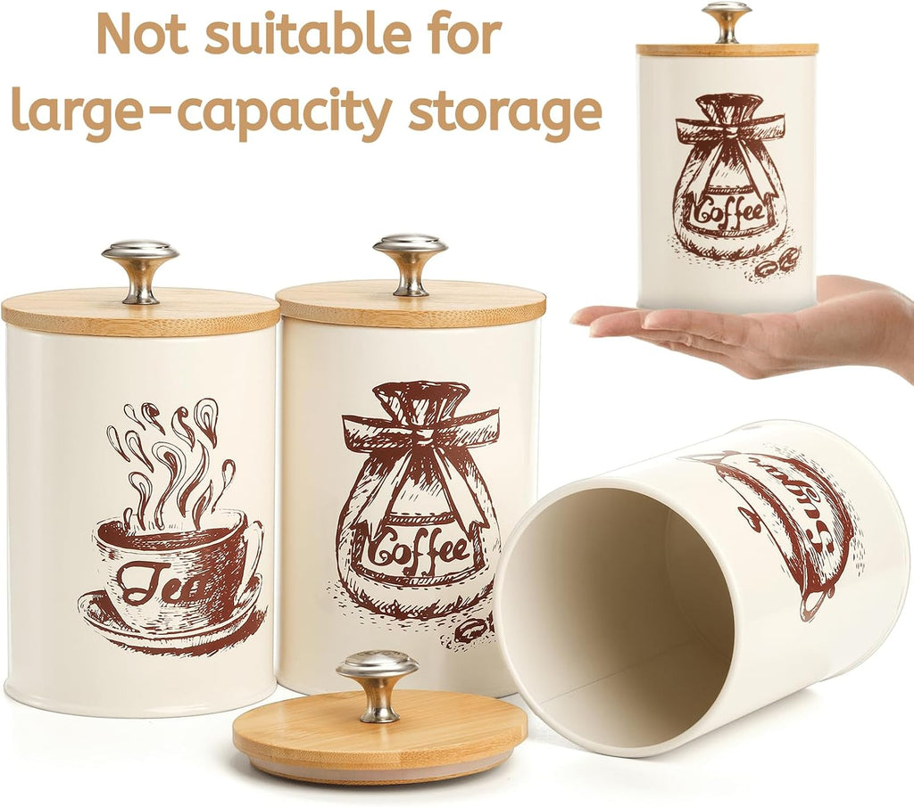 Small Canister Sets Counter, 25 Oz Coffee Sugar Tea Canister Set, Metal Vintage Kitchen Container 3 Pack, Food - Set of 3