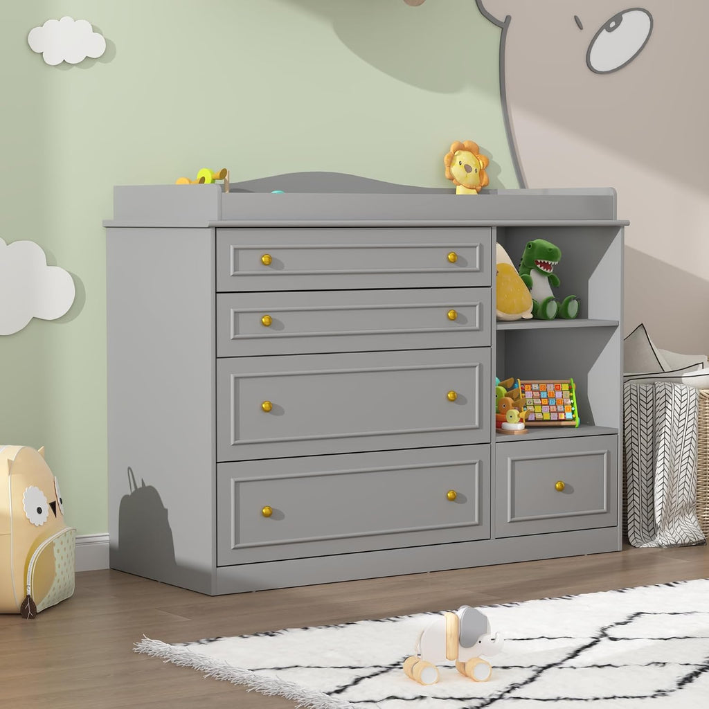 Grey Changing Table Dresser, Baby Nursery Dresser, Baby Diaper Changing Table, 5 Drawers, Adjustable Shelves, Metal