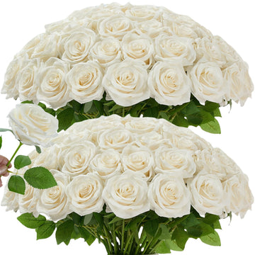 120 Pcs White Rose Artificial Flowers Bulk, Ivory Silk Fake Roses with Long Stem for Wedding Decoration, Bridal