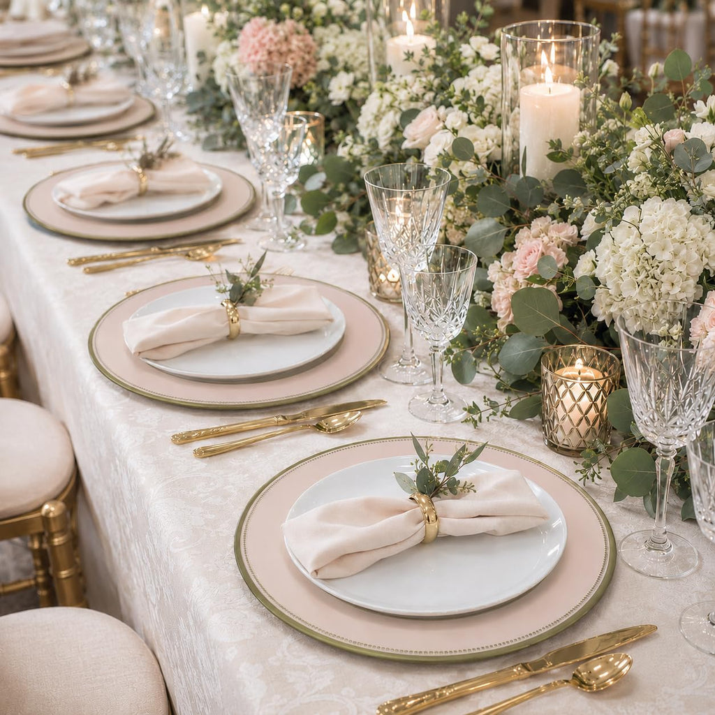 Champagne Blush Charger Plates Set of 12-13in Gold Beaded Rim Chargers for Dinner Plates- Heavy Duty Round Plastic