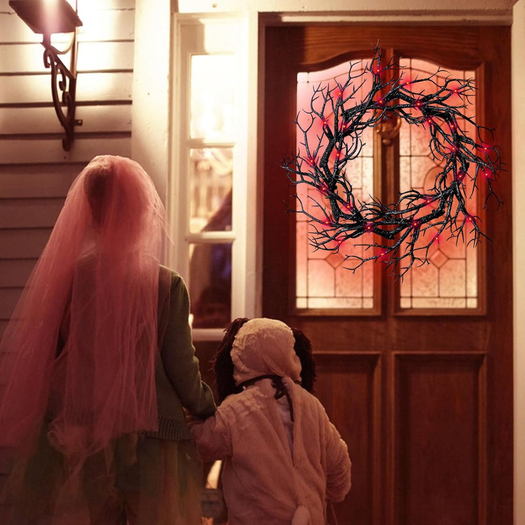 Spooky Halloween Wreath with Red Lights - Glitter Black Branch Handcrafted Decor for Front Door, Indoor/Outdoor Party