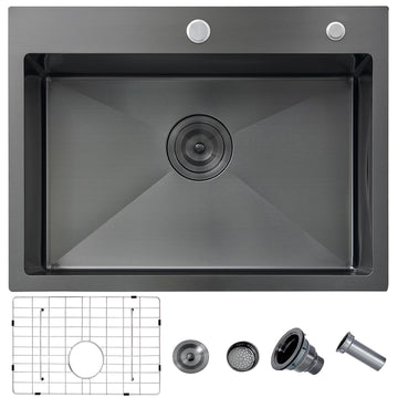 24 X 18 Inch Black Drop In, Black Stainless Steel, Large Residential Sink with 2 Holes, Single Bowl Topmount