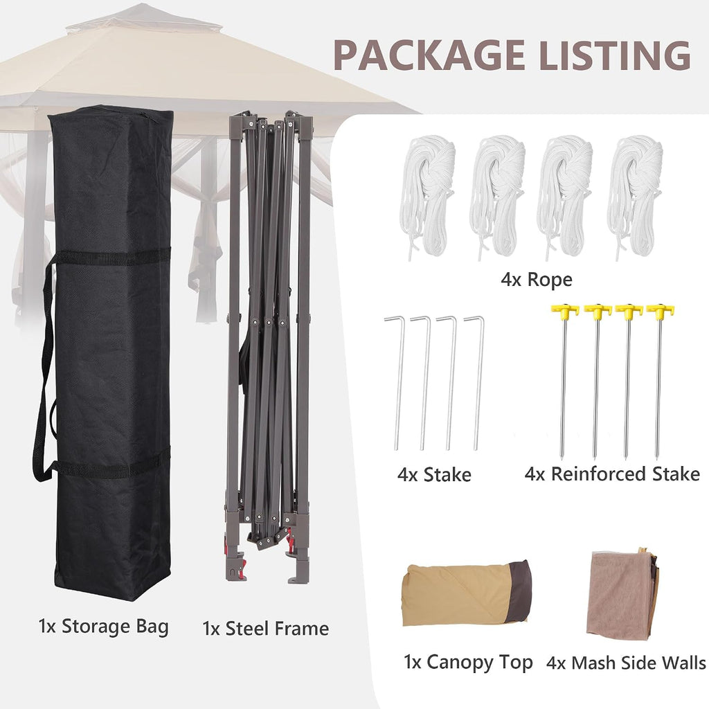 11x11 Pop Up Canopy Tent, Outdoor Canopy with Netting, Outdoor Gazebo Tent with Handbag, Brown.