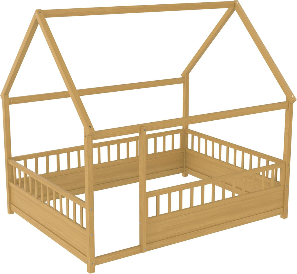House Floor Bed Frame Full Size, Wood Montessori Floor Bed with High Fence and Roof, Easy Assemble Montessori Beds