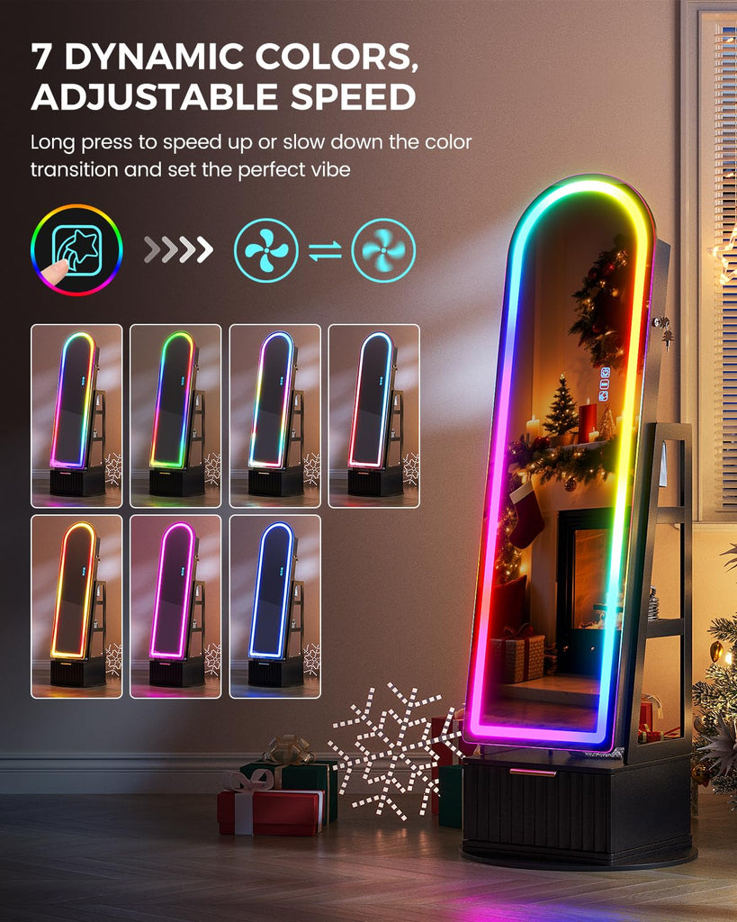 Arched Jewelry Cabinet with RGB Full-Length Mirror and Storage