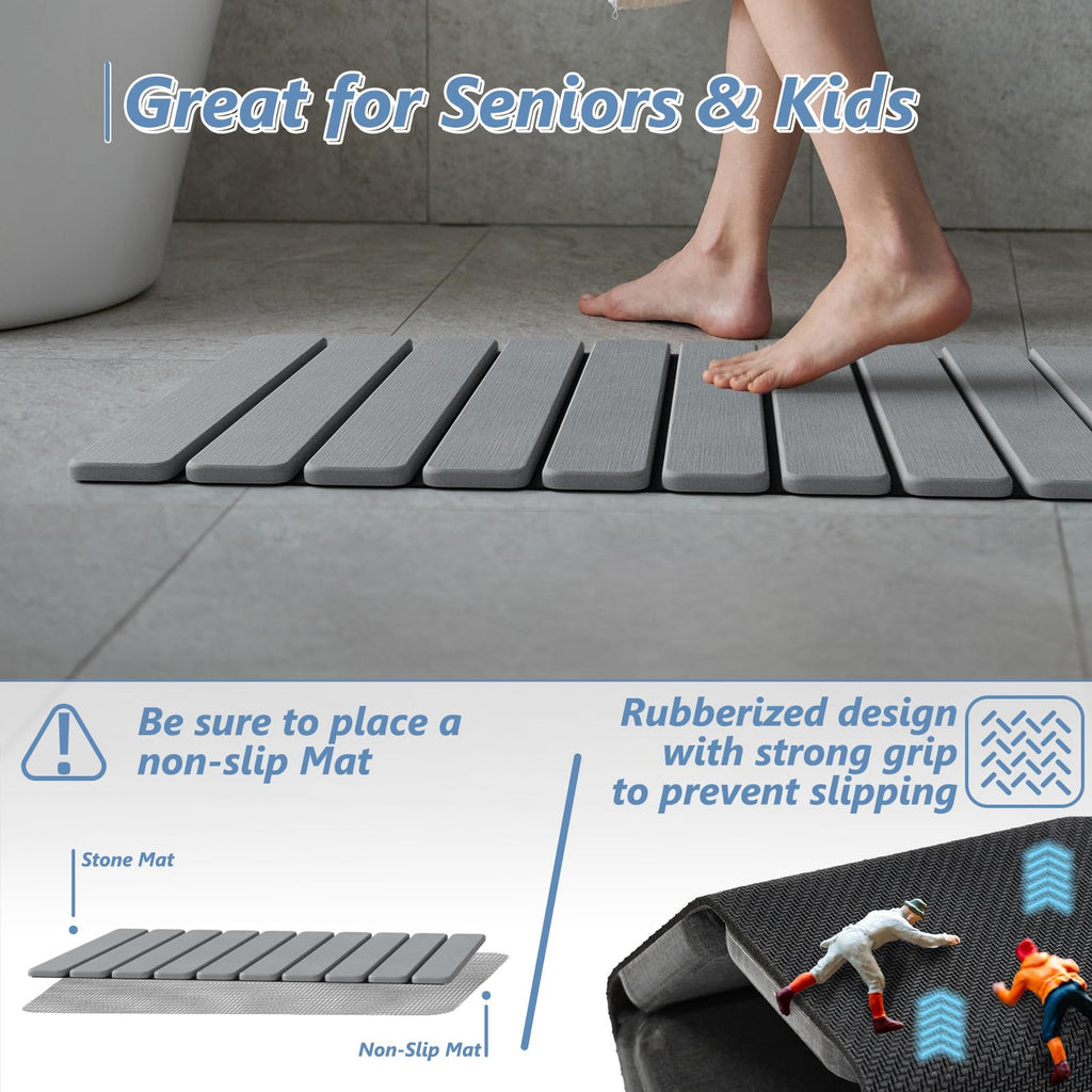 Foldable Stone Bath Mat, Diatomaceous, 23.6"x15.5", Grey