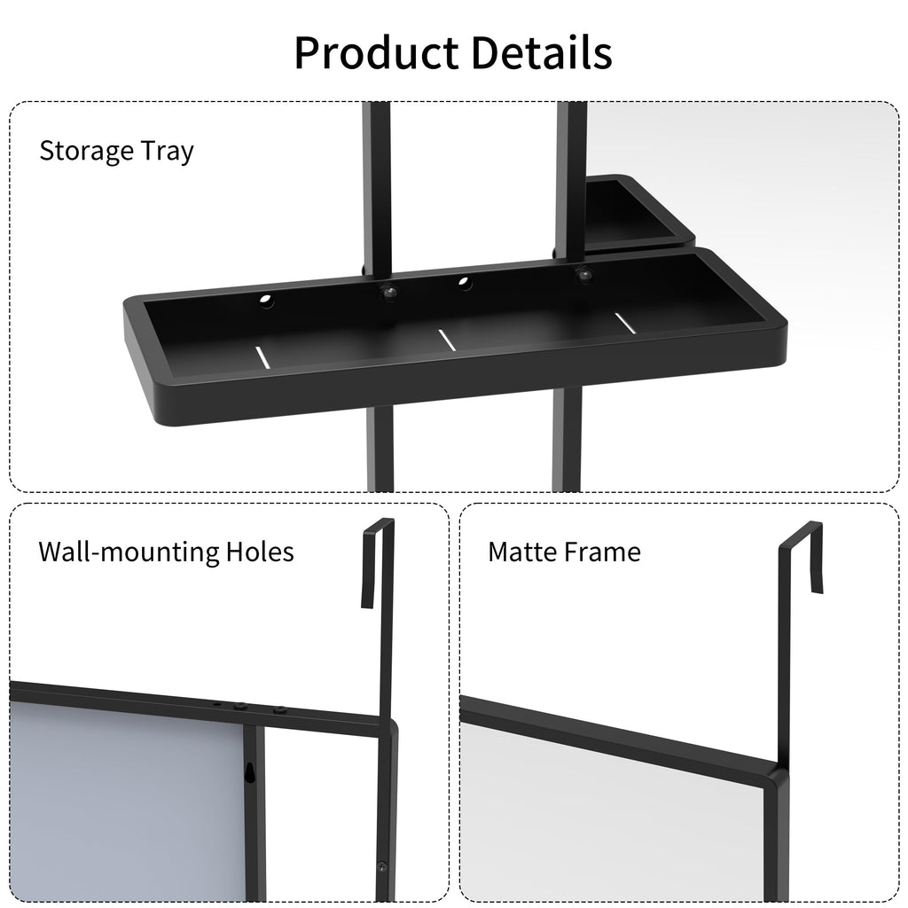 Over The Door Full Length Mirror with 3 Detachable Trays & 2 Hooks