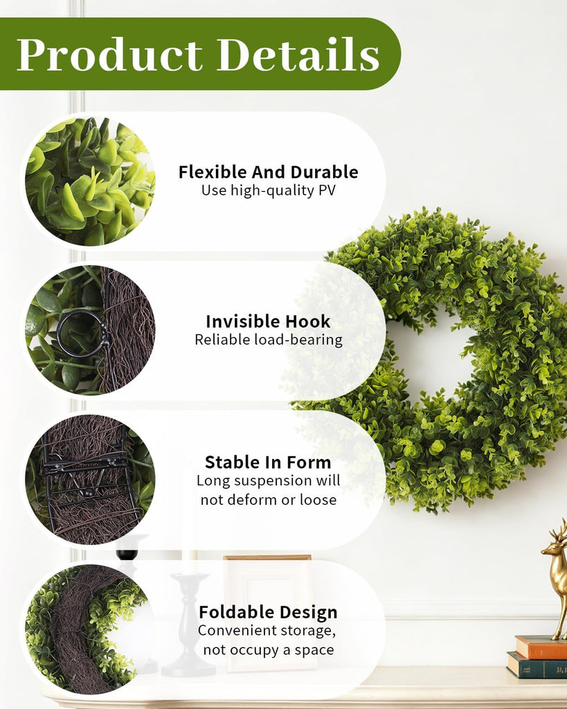24in Boxwood Wreath for Front Door,Green Wreaths,Greenery Summer Wreath for All Season,Farmhouse, Outdoor, Porch