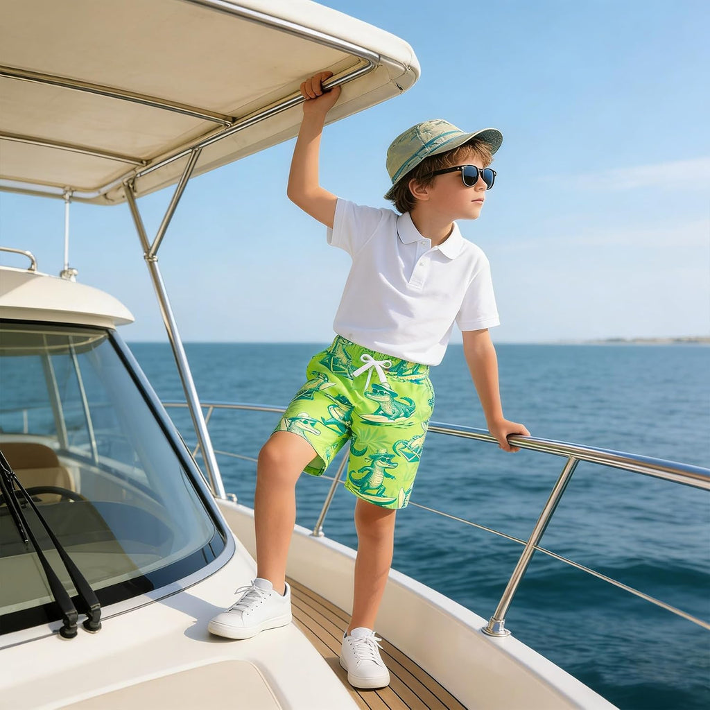 Boys Funny Print Swim Trunks with Anti-Chafe Mesh Lining