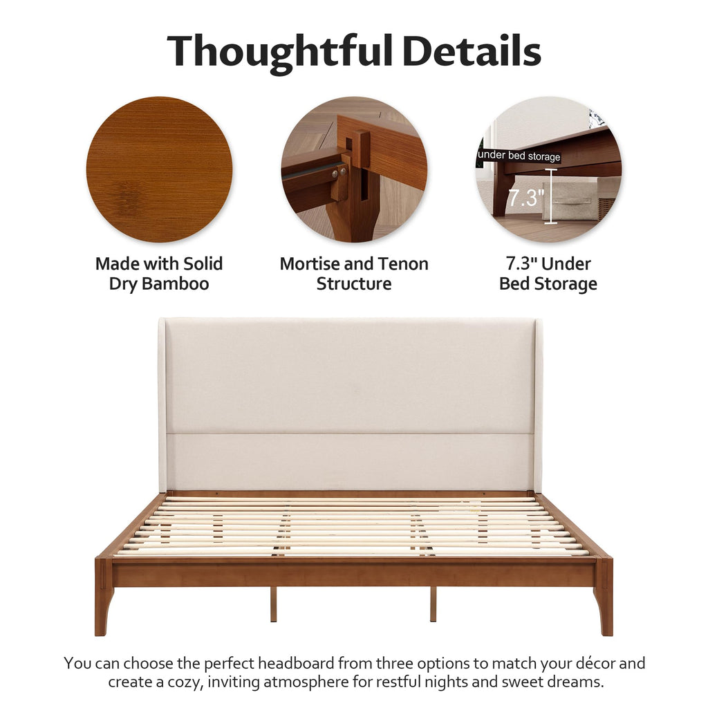 Queen Size Bamboo Platform Bed, Mid-Century Bed Frame with Tall Upholstered Headboard, Wood Slat Support, No Box