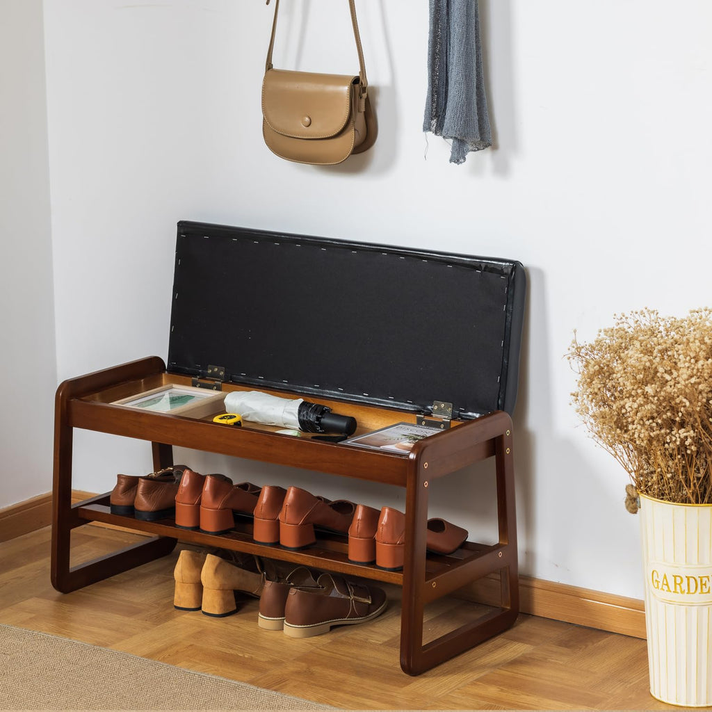 Solid Wood Shoe Rack Bench with Flip-Top Storage, Black, 31.5"