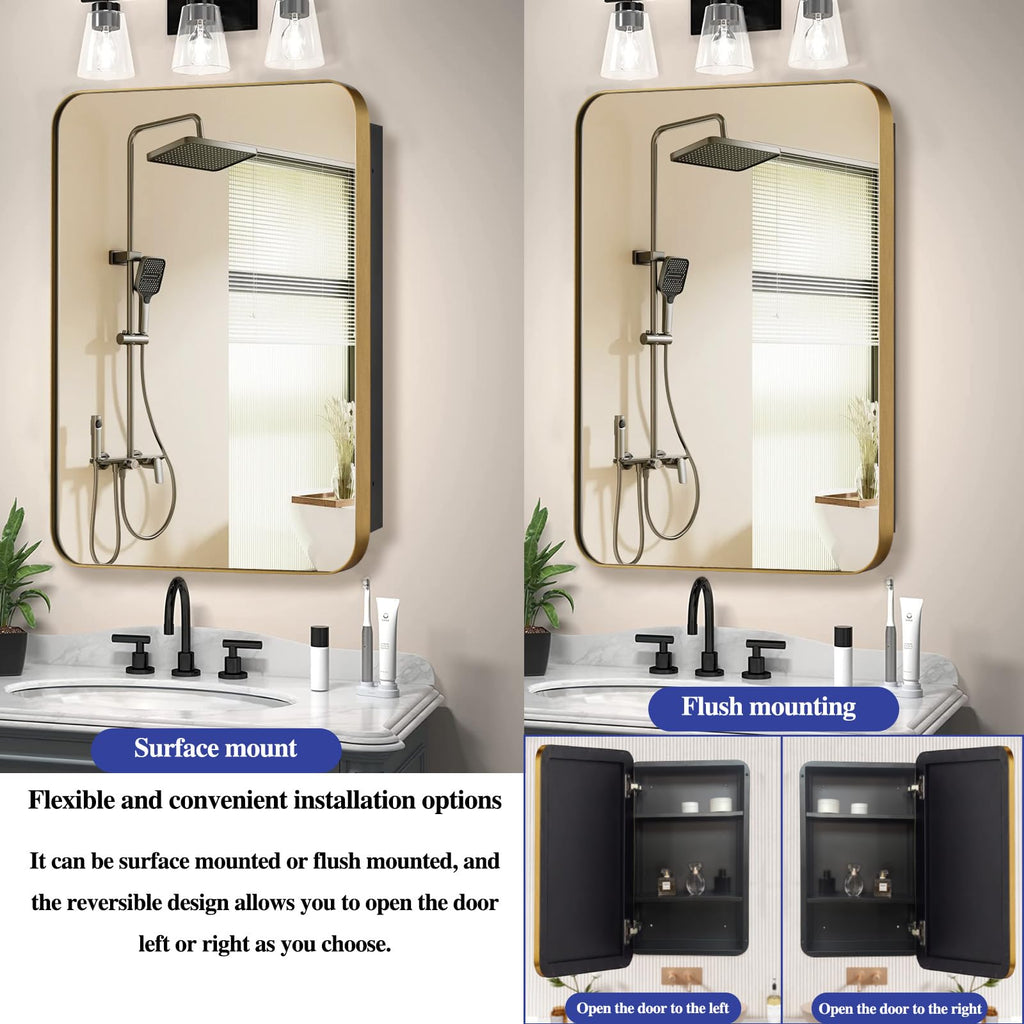 16" x 20" Bathroom Medicine Cabinet with Mirror Door, Brush Gold Stainless Steel Frame, Recessed or Surface