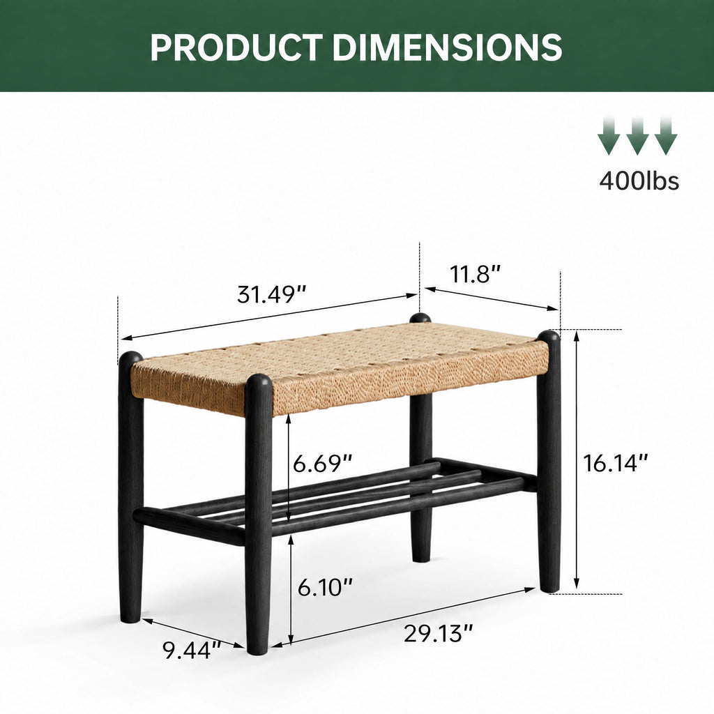 Solid Wood Shoe Bench, Woven Shoe Rack Bench Assembled, 11.8" x 23.6" x 16.1", Oak Wood, Natural