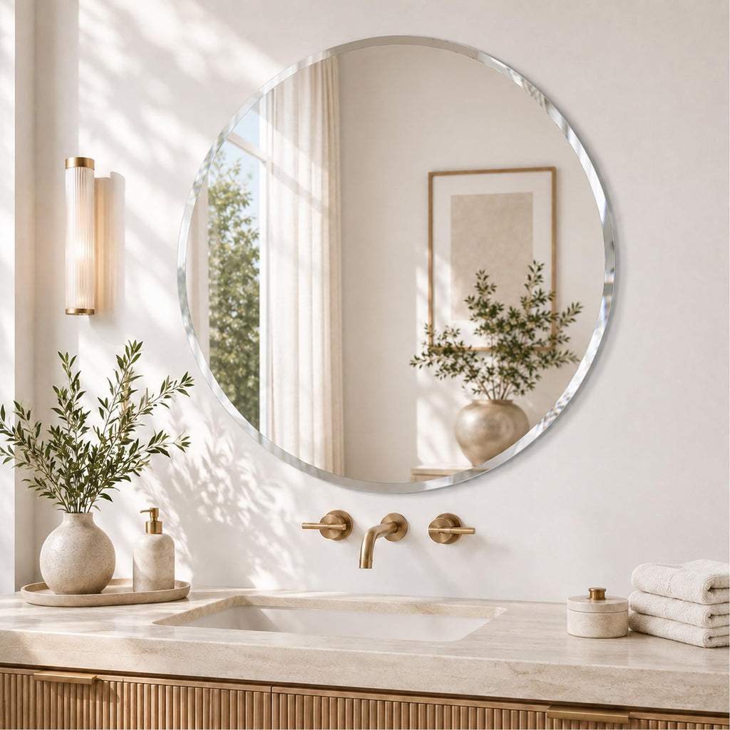 30 Inch Round Frameless Beveled Wall Mirror Vanity