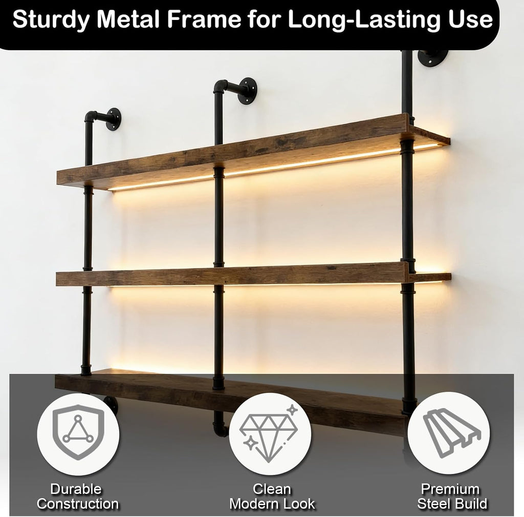 55" Wine Rack Wall Mounted with LED Lights, Industrial Pipe 3-Tier Floating Wine Shelf, Metal & Wood Wine Bottle and