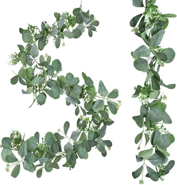 Artificial Eucalyptus Garlands - 6ft Greenery Vines with Faux Eucalyptus Leaves, Butterfly Leaves, and White - Set of 2