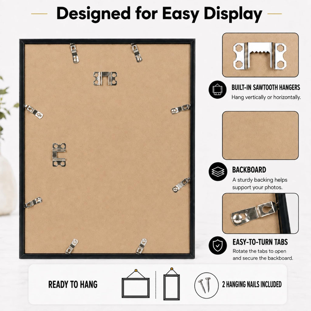 13x17 Black Picture Frame Set of 6, Horizontal and Vertical Formats for Wall Hanging, 13 x 17 Wall Gallery Poster