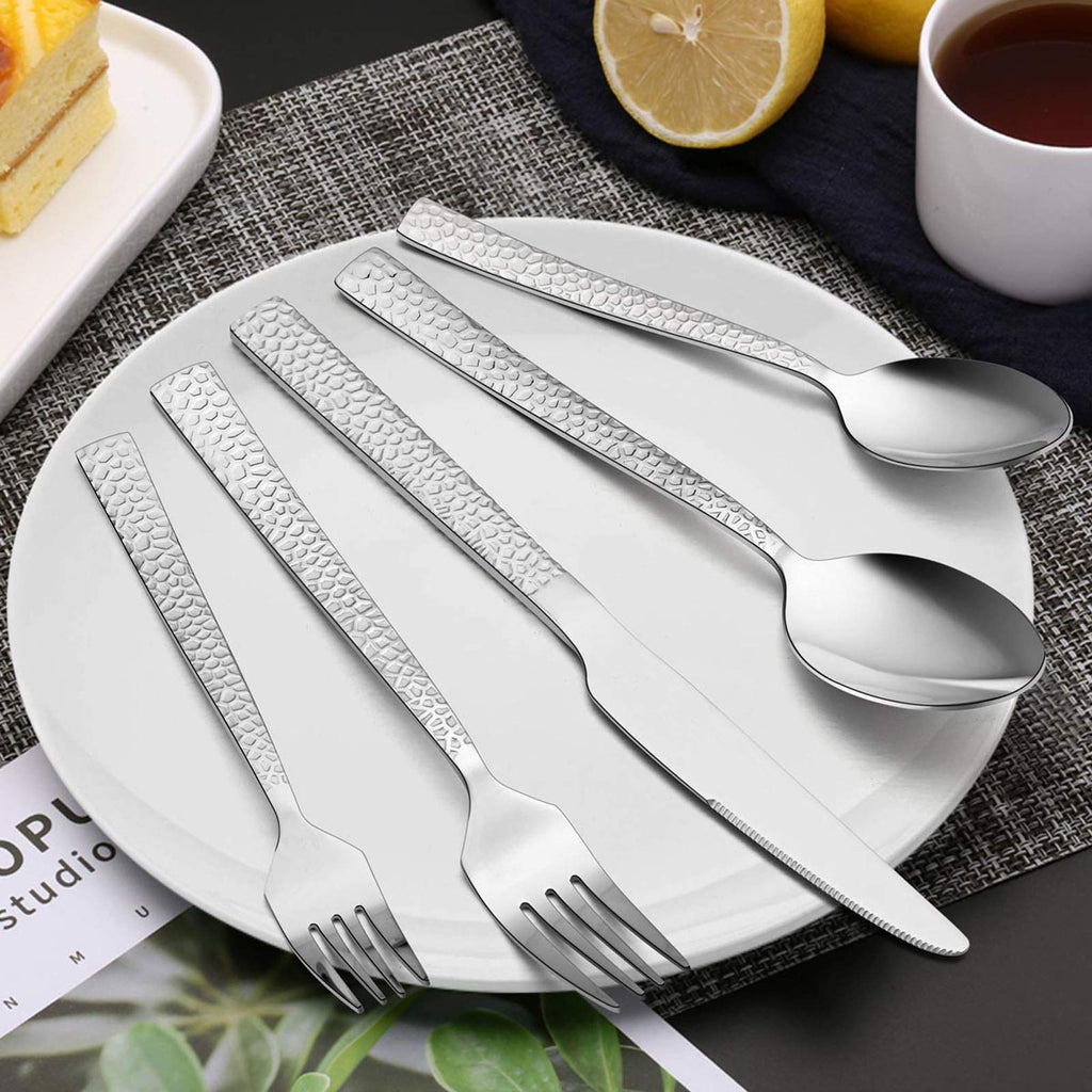 Hammered Silverware Set, Stainless Steel Square Flatware Set Service for 4, Tableware Cutlery Set Includes