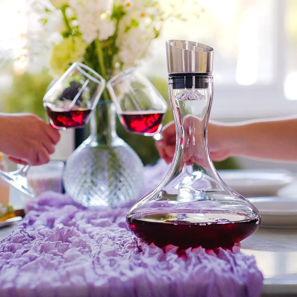 Hand Blown Wine Decanter with Aerator, 1300ml/44oz Red Wine Decanter, Crystal Wine Carafe with Stainless Steel Pour