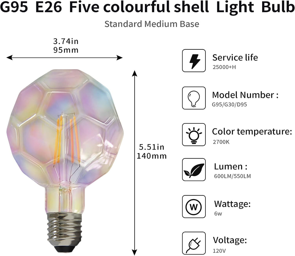 Vintage LED Edison Bulb G30 G95 6W Equivalent 60watt, CRI 90+ Dimmable LED Filament Light Colorful Housing Soccer