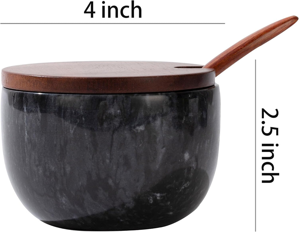 Marble Salt Cellar with Lid and Spoon, Acacia Wood, Black