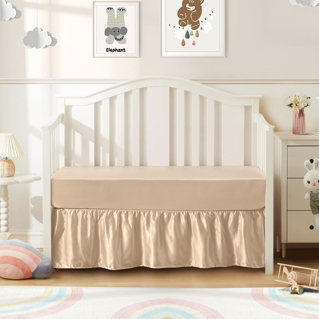 2-Piece Set Satin Crib Sheets & Crib Bed Skirt, Beige