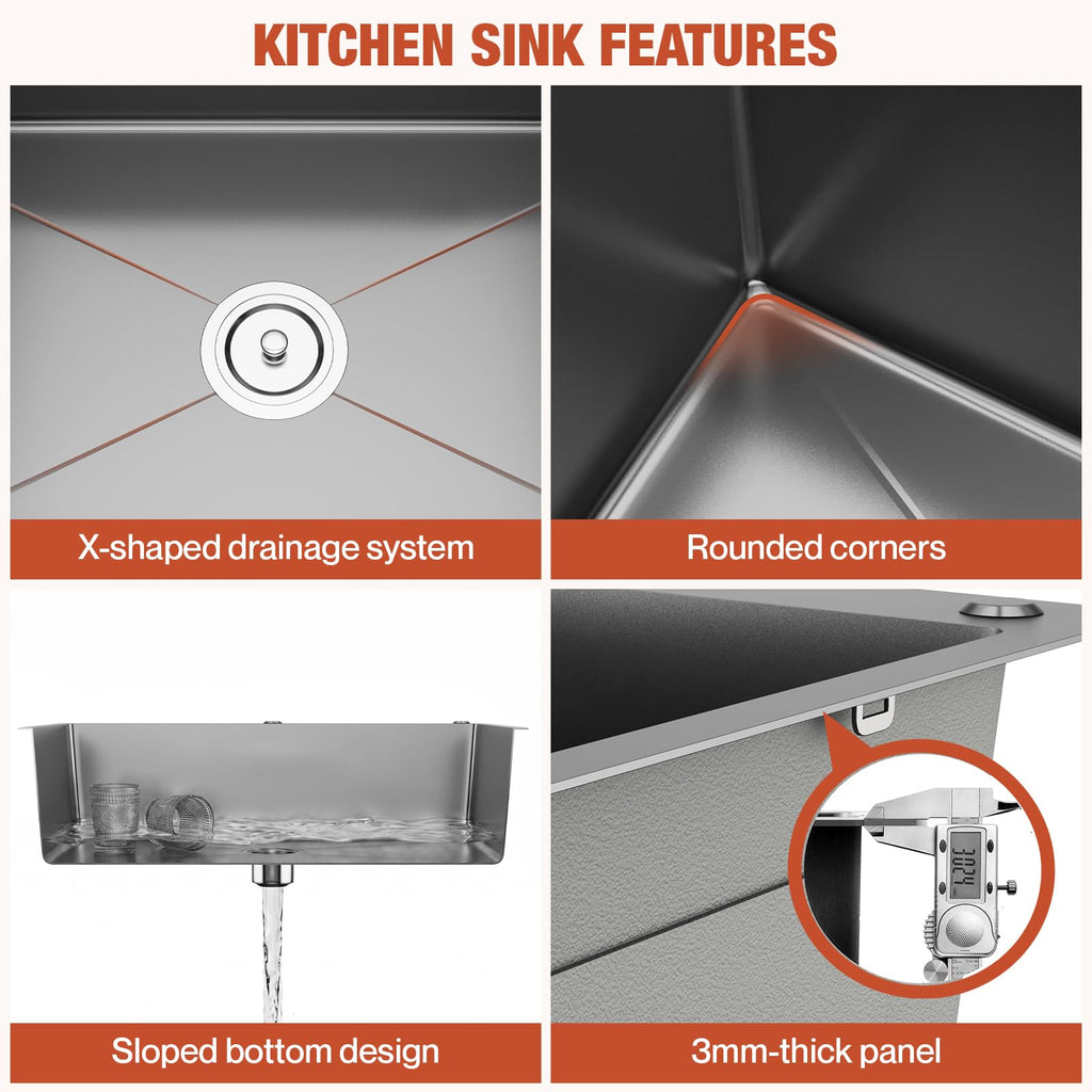 33"x19" Black Drop- Sink | Topmount Single Bowl Kitchen Sink, 9" Deep Stainless Steel Modern Kitchen Sinks with Nano