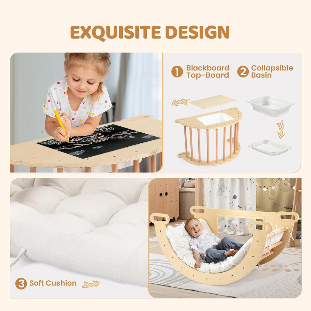 In-1 Triangle Climber Arch Rocker with Cushion Sensory Table Set for Kids, Montessori Wooden Climbing Toys