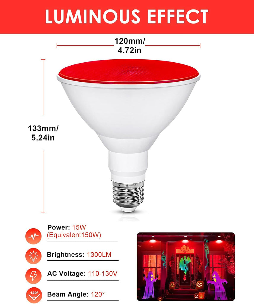 Par38 Red LED Flood Light Bulbs Outdoor, 120V 150W Equivalent 15W, E26 Base