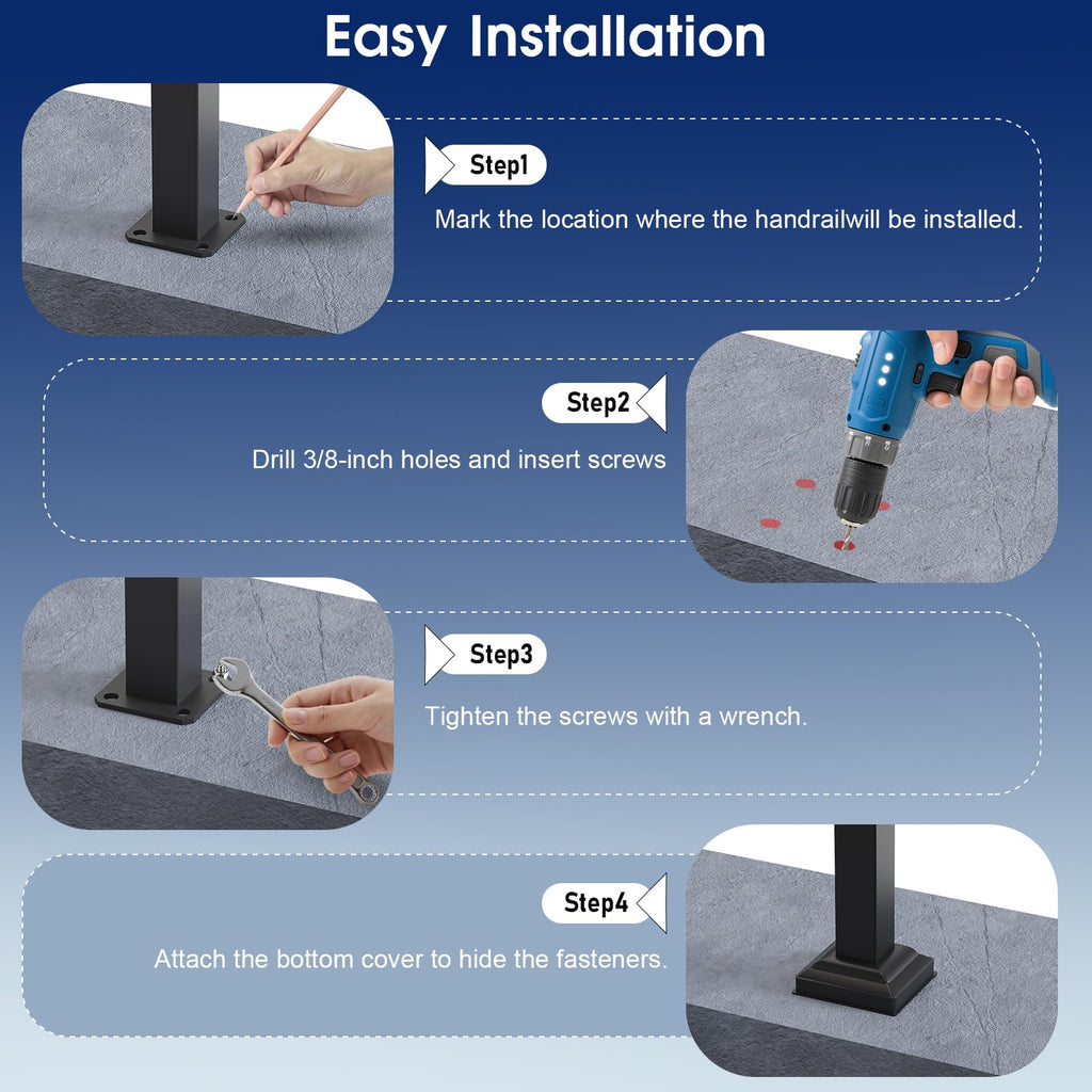 Outdoor Handrails for Steps, Stair Railing Kit for Concrete & Porch Steps, Adjustable Black Iron Hand Rail for
