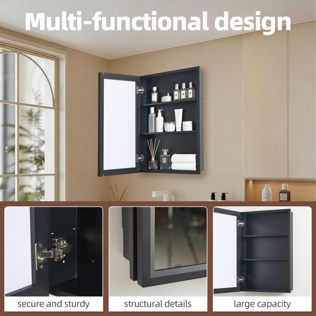 Medicine Cabinet with Mirror, Black Metal Mirror Cabinet with Adjustable Shelf, Iron Medicine Cabinet Bedroom