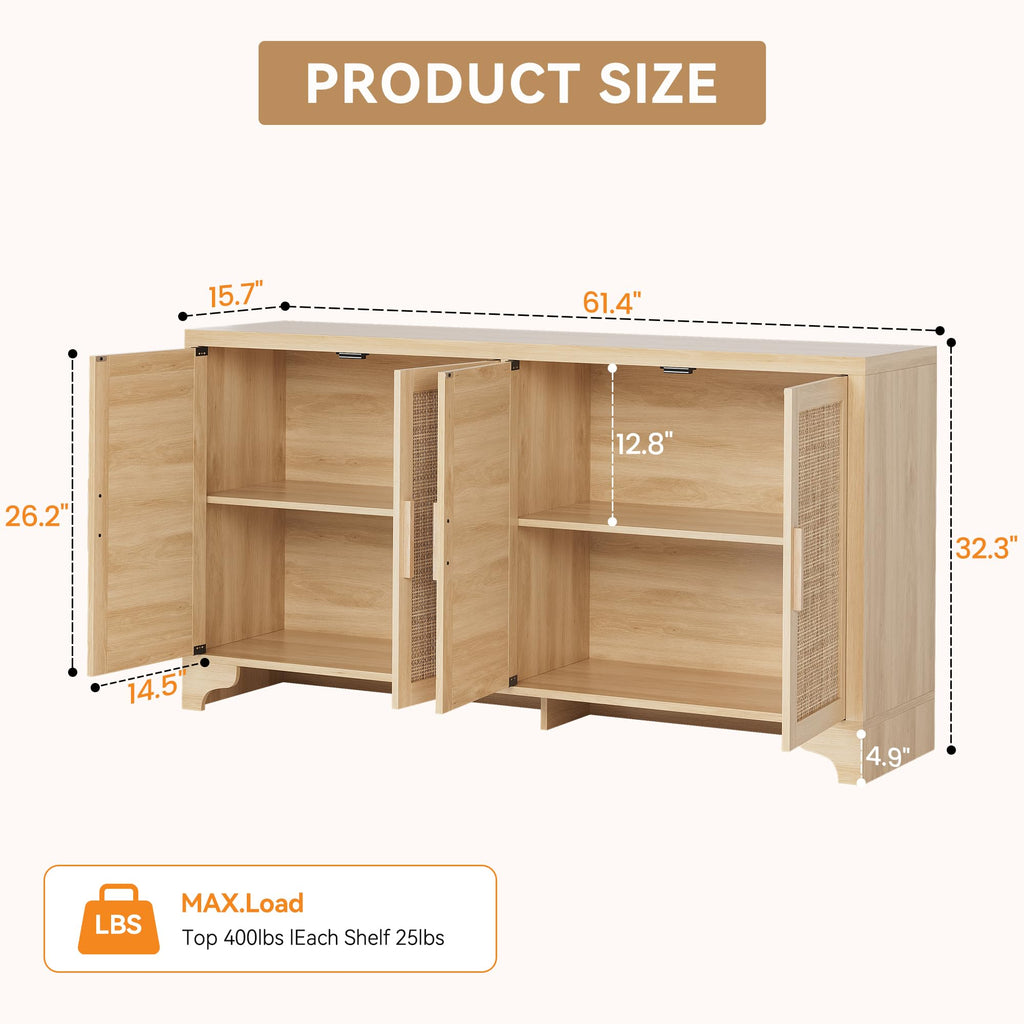 Natural Rattan Storage Cabinet with Shelves, 4-Door Sideboard Buffet Cabinet, Boho TV Stand Console Table, Dinning