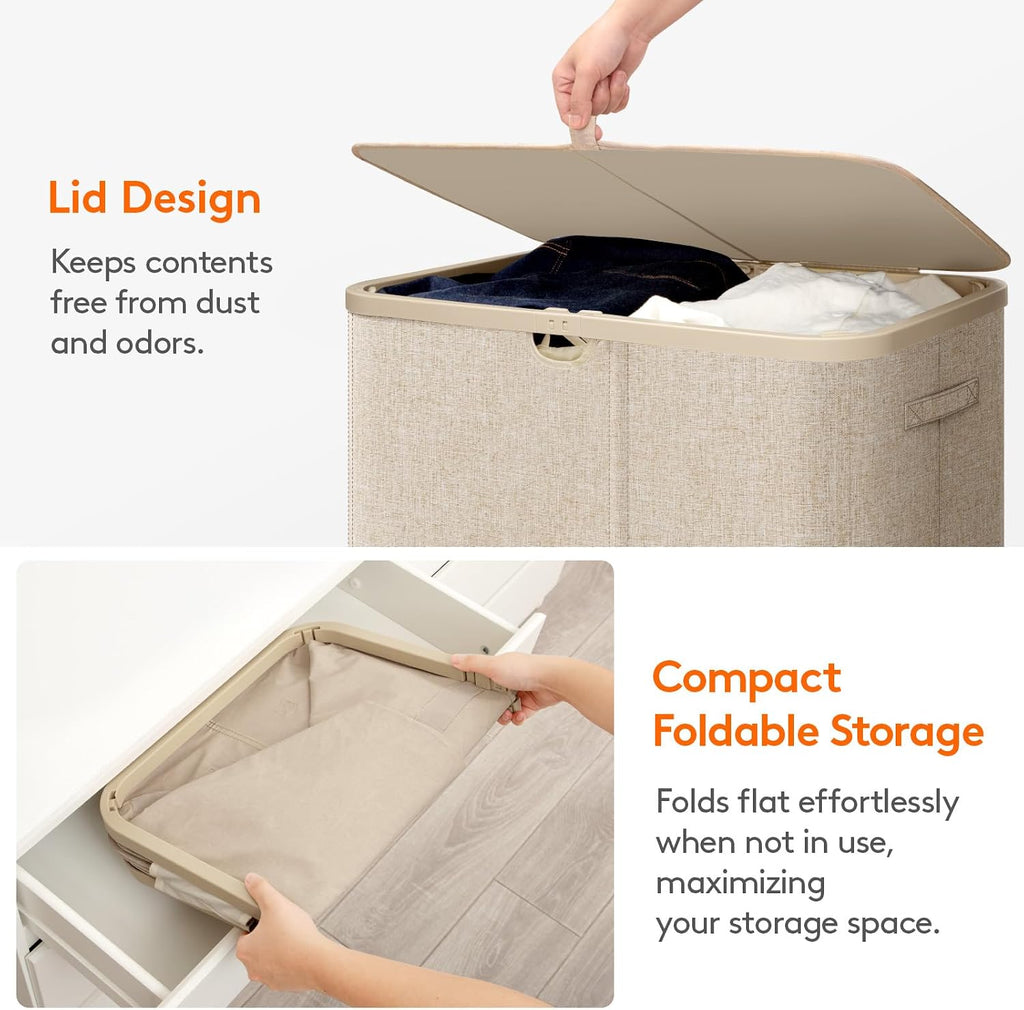 145L Large Laundry Basket with Lid, Laundry Hamper with Plastic Handles and Removable Bag, Foldable Tall Dirty
