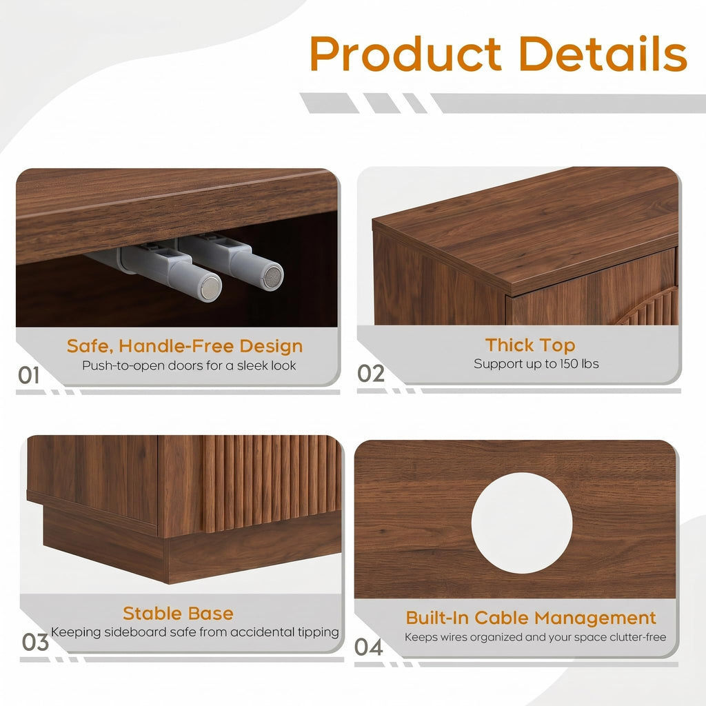 110" Fluted Sideboard Buffet Cabinet with Storage, Credenza, Walnut