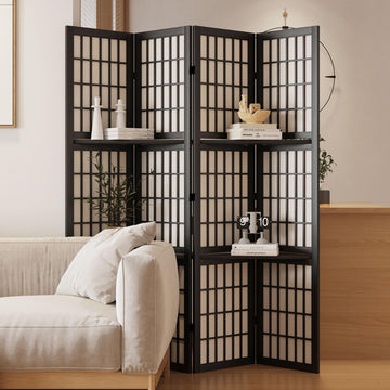 Room Divider with Shelves, 66.9-Inch Tall Japanese Shoji Style Wood Screen with Double Hinges Bedroom Hotel