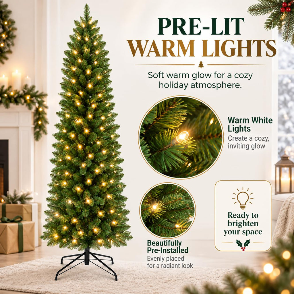 9FT Slim Pre-Lit Artificial Pencil Christmas Tree&Warm White Lights