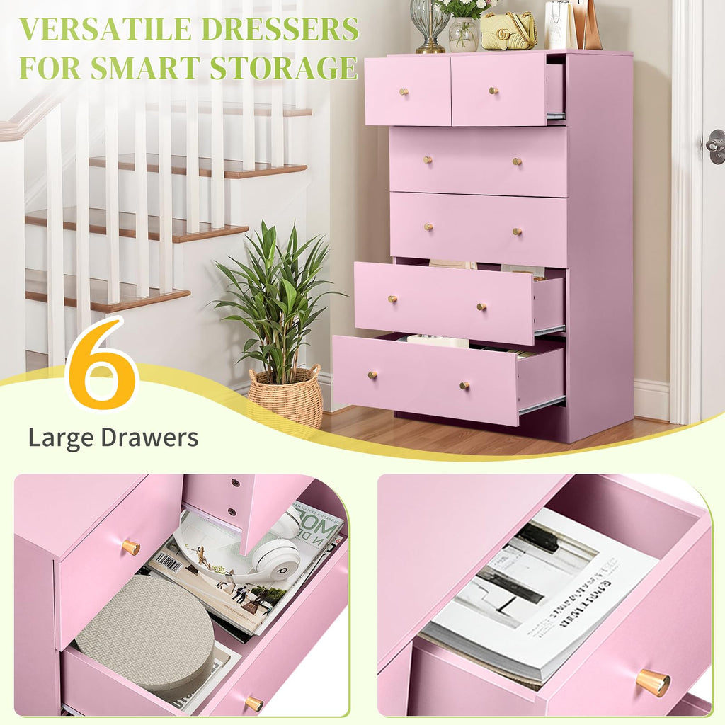 Pink 6 Drawer Dresser, Rose Gold Handle Modern Bedroom Chest